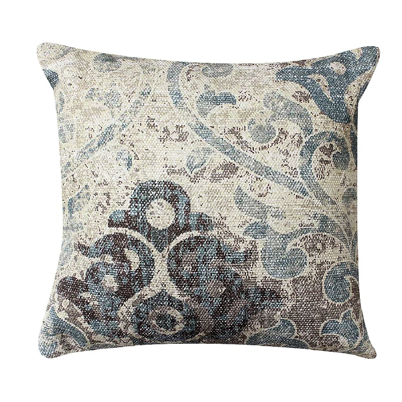 Benzara 18 x 18 Cotton Hand Woven Dhurri Pillow with Iris Print, White and Blue