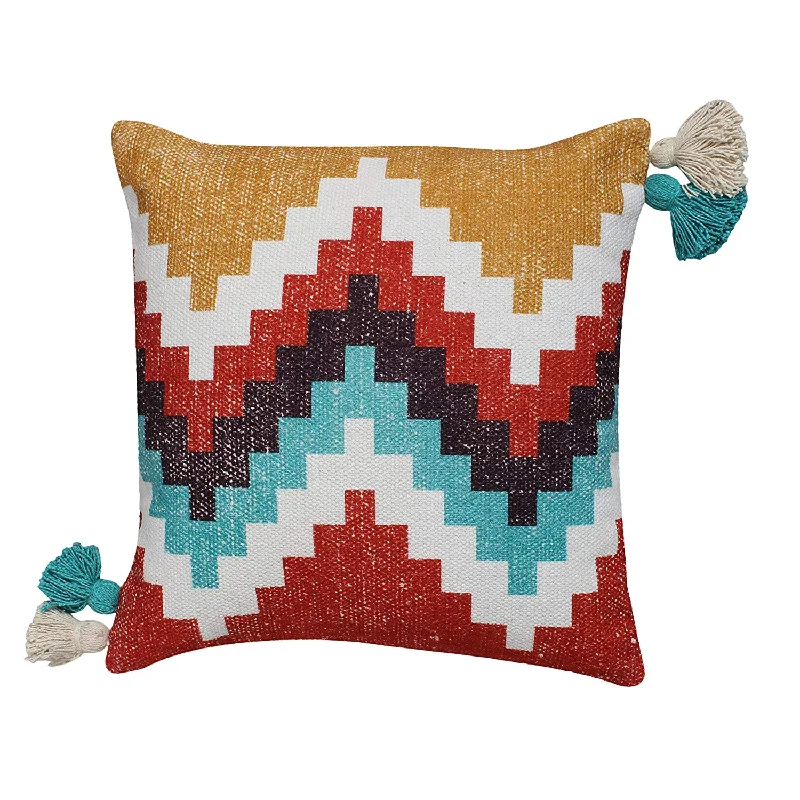 Benzara 18 x 18 Cotton Hand Woven Dhurri Pillow with Kilim Print, Multicolor