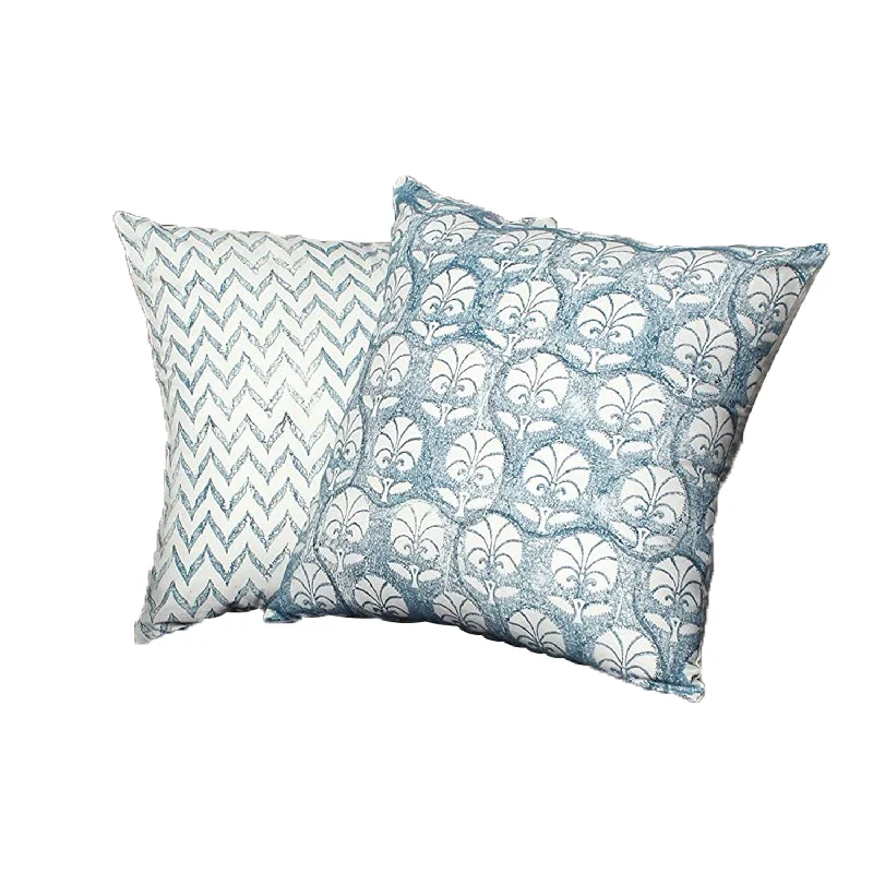 Benzara 18 x 18 Cotton Pillow with Leaf Motif and Chevron Design, Set of 2, Blue and White