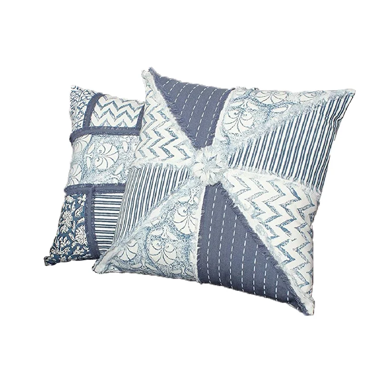 Benzara 18 x 18 Hand Block Cotton Pillow with Patchwork Details,Set of 2, Blue and White