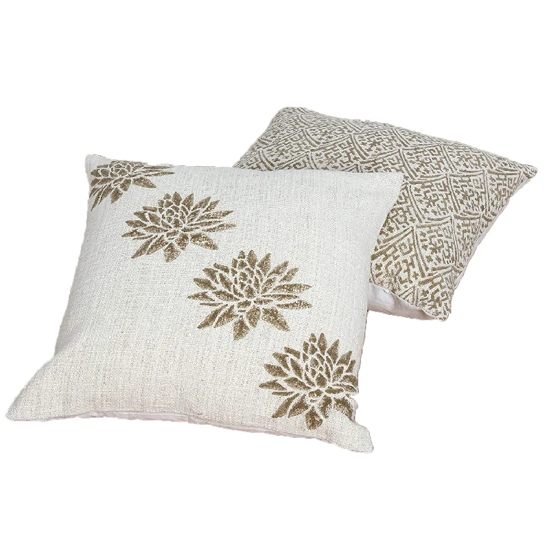 Benzara 18 x 18 Hand Block Printed Cotton Pillow with Floral Details, Set of 2,Gold and Beige