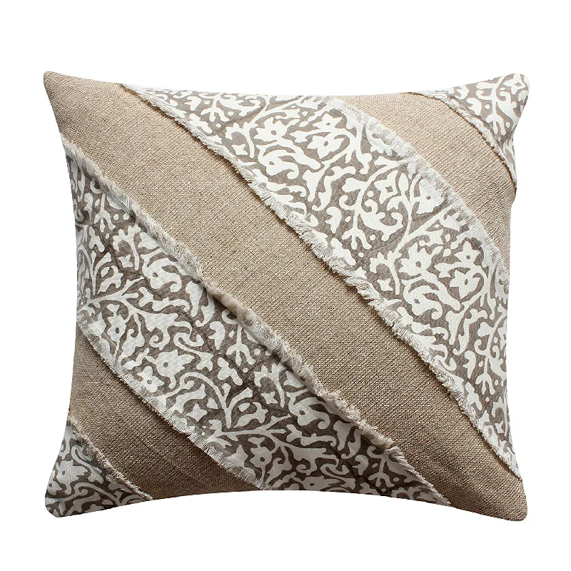 Benzara 18 x 18 Hand Block Printed Cotton Pillow with Patchwork Details, Brown and Beige