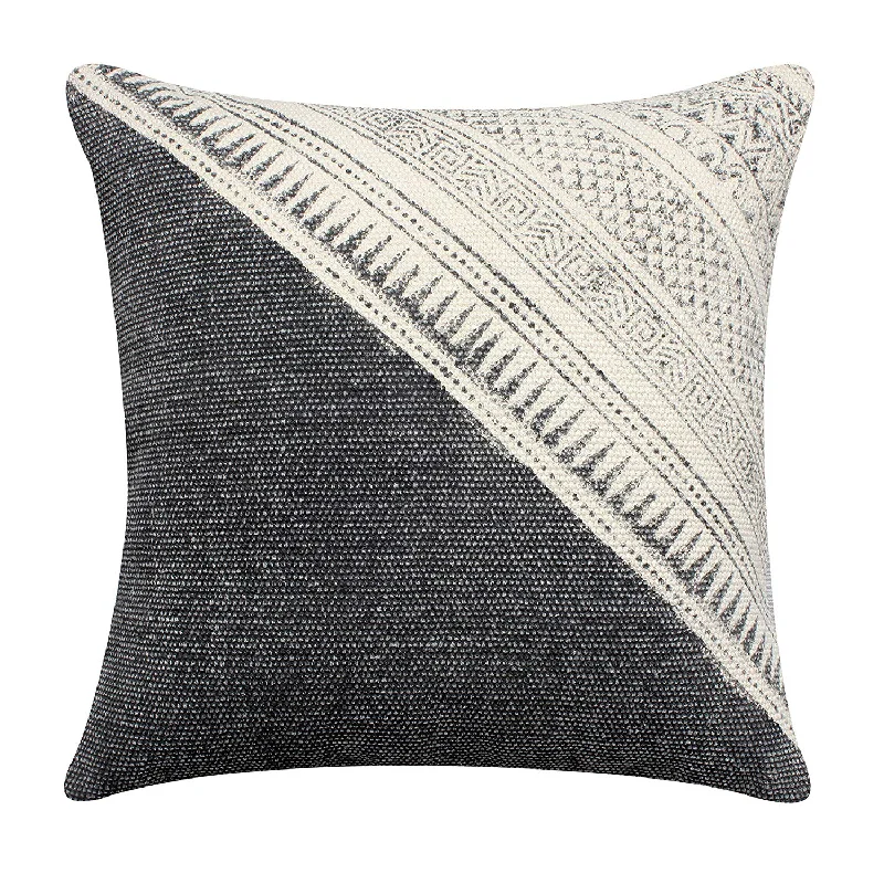 Benzara 18 x 18 Hand Woven Cotton Pillow with Block Print, White and Black