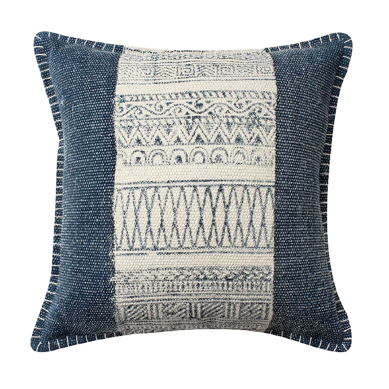 Benzara 18 x 18 Hand Woven Cotton Pillow with Block Print, White and Blue