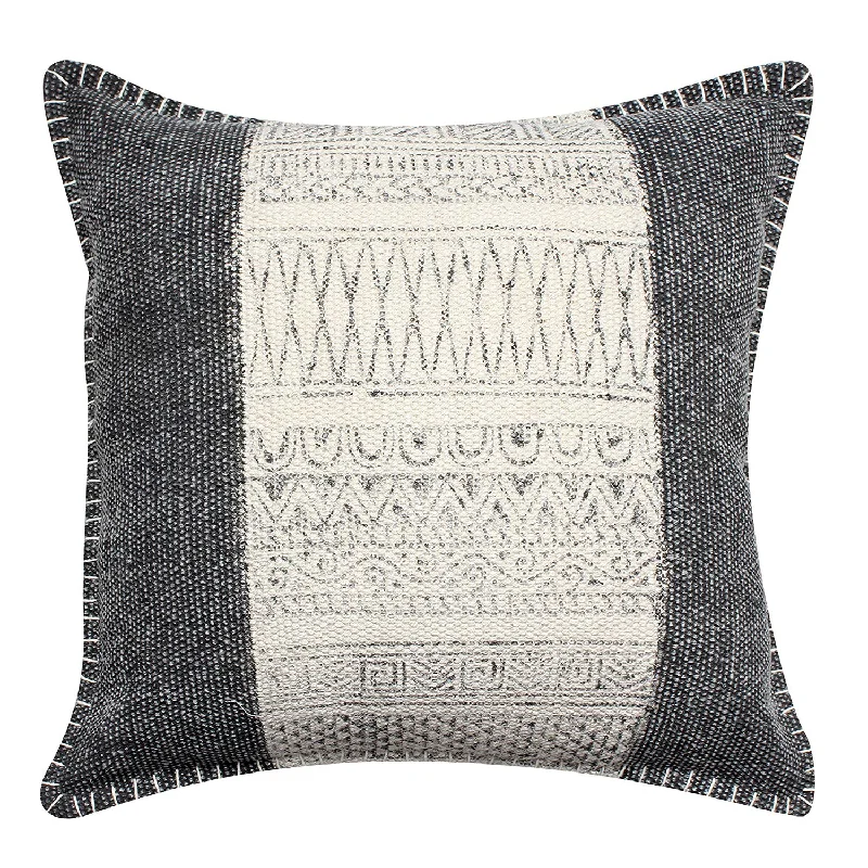 Benzara 18 x 18 Hand Woven Cotton Pillow with Block Print, White and Gray