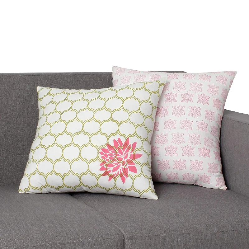 Benzara 18 x 18 Quatrefoil Cotton Pillow with Floral Details, Set of 2, Multicolor