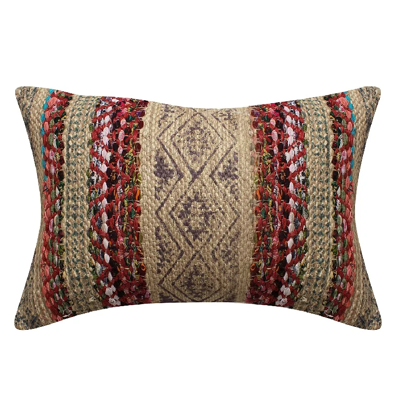 Benzara 20 x 20 Hand Woven Cotton and Jute Pillow with Block Print, Brown and Red