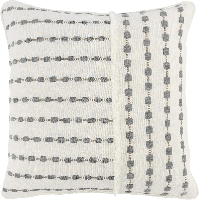 Benzara Embroidered Square Fabric Throw Pillow, White and Gray