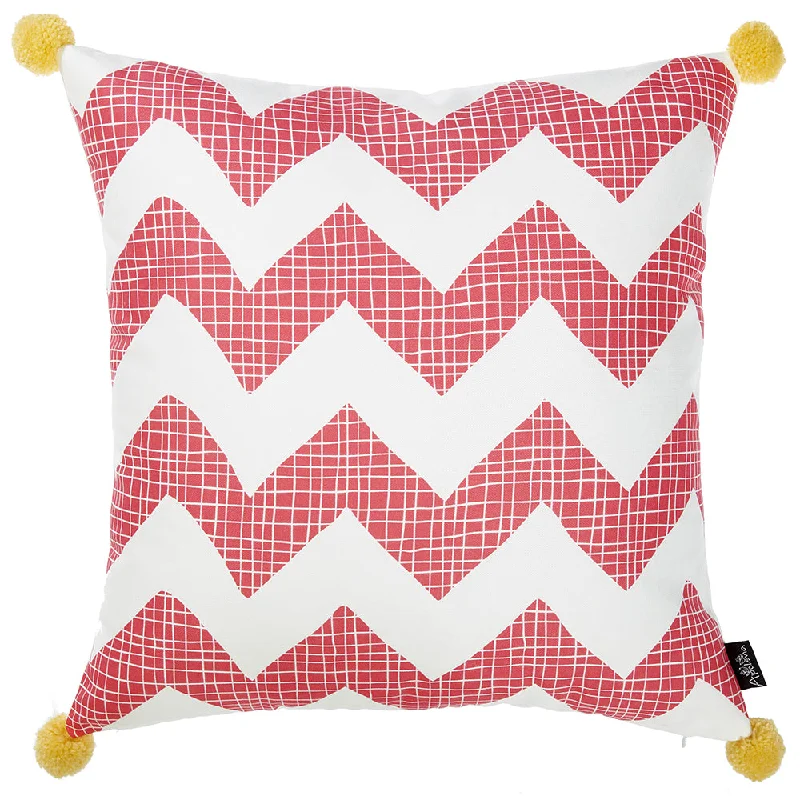 18" Pink and White Chevron Throw Pillow Cover With Pompoms