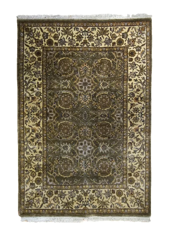 Oriental Rug Indian Handmade Area Transitional 5'10"x8'8" (6x9) Green Tea Washed Floral Jaipur Design #A35006