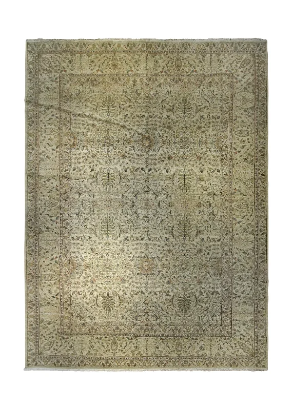 Oriental Rug Indian Handmade Area Transitional Neutral 8'10"x12'1" (9x12) Green Tea Washed Floral Bhadohi Design #A35002