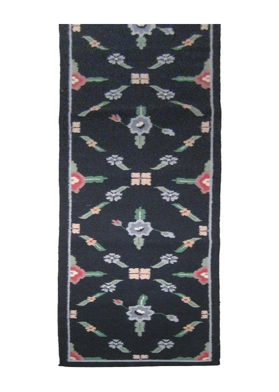 Oriental Rug Indian Handmade Runner Traditional 2'6"x12'0" (3x12) Green Dhurrie Floral Design #A14845