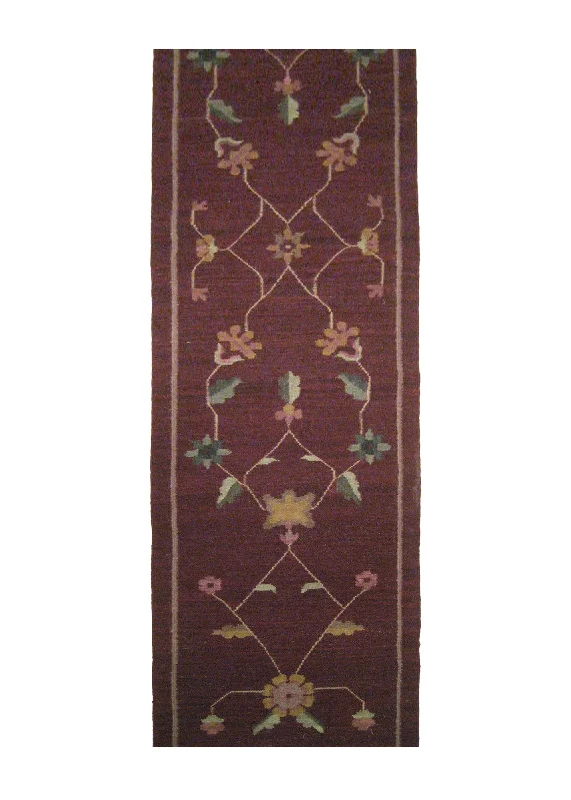 Oriental Rug Indian Handmade Runner Traditional 2'7"x12'0" (3x12) Red Dhurrie Floral Design #A14848