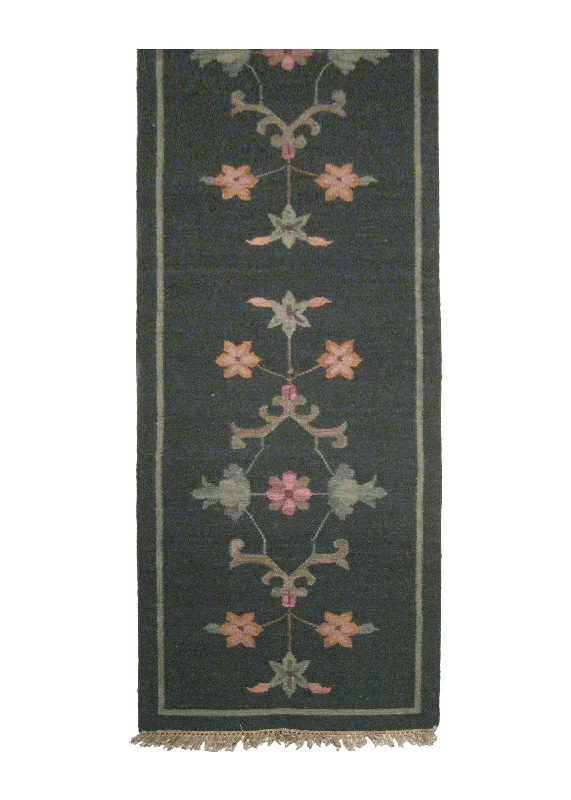 Oriental Rug Indian Handmade Runner Traditional 2'7"x7'10" (3x8) Blue Dhurrie Floral Design #A14854