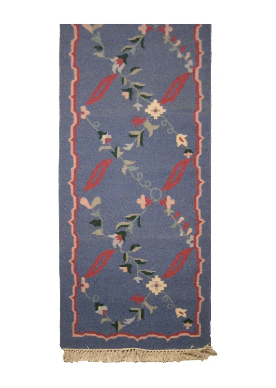 Oriental Rug Indian Handmade Runner Traditional 2'6"x8'0" (3x8) Blue Dhurrie Floral Design #A14856