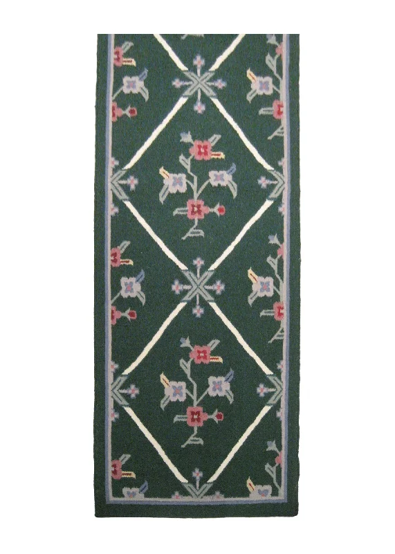 Oriental Rug Indian Handmade Runner Traditional 2'7"x8'1" (3x8) Green Dhurrie Floral Design #A14852