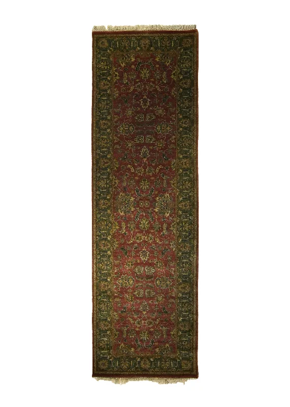 Oriental Rug Indian Handmade Runner Transitional 3'1"x9'11" (3x10) Red Green Tea Washed Floral Design #A11695