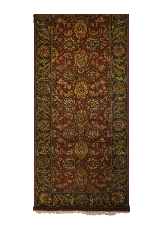 Oriental Rug Indian Handmade Runner Transitional 3'1"x10'6" (3x11) Red Green Tea Washed Design #A12932