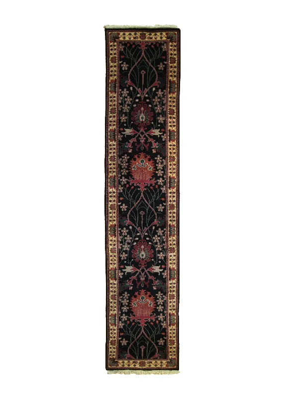 Oriental Rug Indian Handmade Runner Transitional 2'6"x11'10" (3x12) Black Red Floral Design #A11997