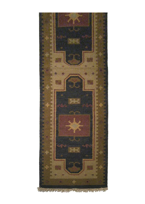 Oriental Rug Indian Handmade Runner Tribal 2'6"x10'0" (3x10) Brown Dhurrie Geometric Design #A14867