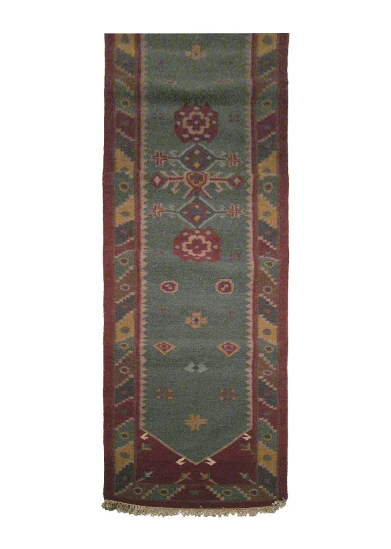 Oriental Rug Indian Handmade Runner Tribal 2'7"x12'0" (3x12) Green Red Dhurrie Geometric Design #A14842