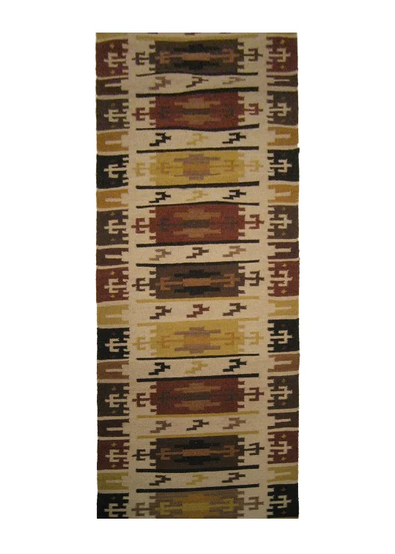 Oriental Rug Indian Handmade Runner Tribal 2'6"x12'0" (3x12) Multi-color Yellow/Gold Dhurrie Geometric Design #A14473