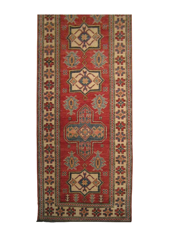 Oriental Rug Pakistani Handmade Runner Transitional Tribal 2'8"x11'1" (3x11) Red Whites/Beige Ghazni Kazak Geometric Design #A14808