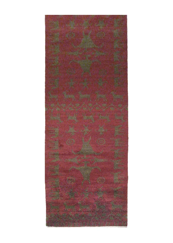 Oriental Rug Tibetan Handmade Runner Transitional 2'6"x9'11" (3x10) Red Pictorial Animals Design #A13715