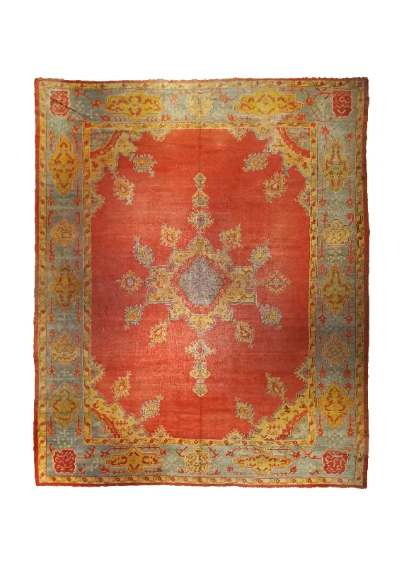 Oriental Rug Turkish Handmade Area Antique Tribal 12'4"x14'6" (12x15) Red Yellow/Gold Blue Geometric Oushak Design #A35013