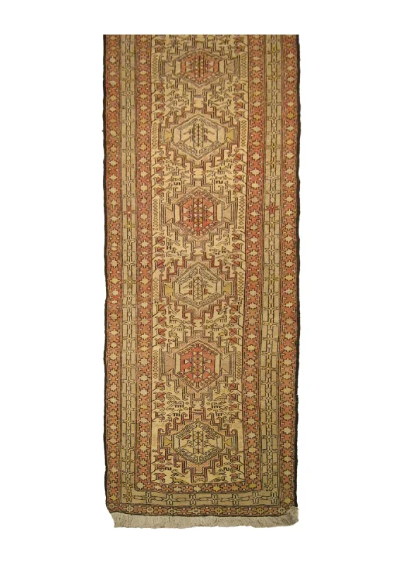 Persian Rug Azerbaijan Handmade Runner Tribal 2'3"x9'5" (2x9) Pink Whites/Beige Kilim Geometric Design #A13594