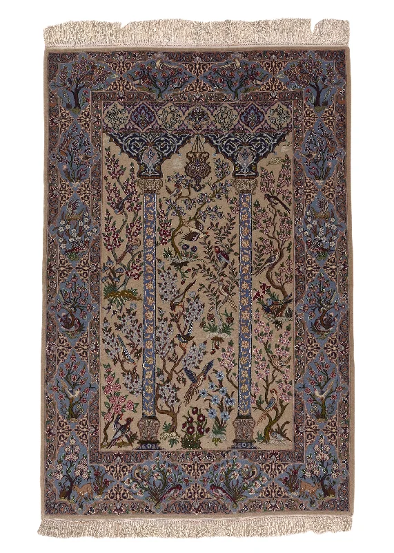 Persian Rug Isfahan Handmade Area Traditional 3'7"x5'5" (4x5) Whites/Beige Blue Tree of Life Design #35677