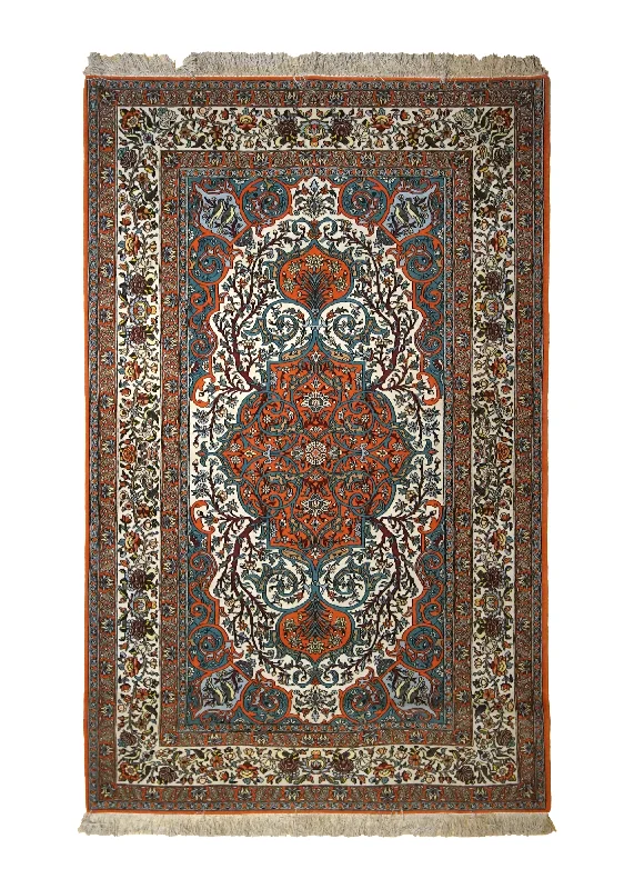 Persian Rug Isfahan Handmade Area Traditional 3'8"x6'2" (4x6) Orange Blue Floral Design #A35015