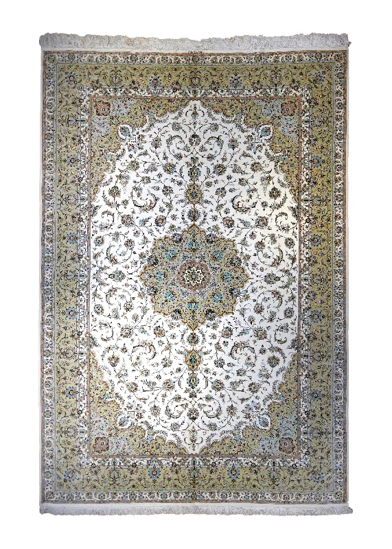 Persian Rug Kashan Handmade Area Traditional 6'6"x9'10" (7x10) Whites/Beige Yellow/Gold Green Floral Toranj Mehrab Design #A35001