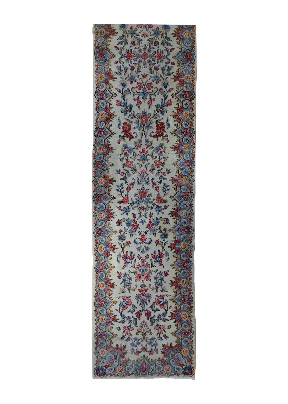 Persian Rug Kerman Handmade Runner Traditional 2'5"x16'2" (2x16) Whites/Beige Blue Floral Design #A34997