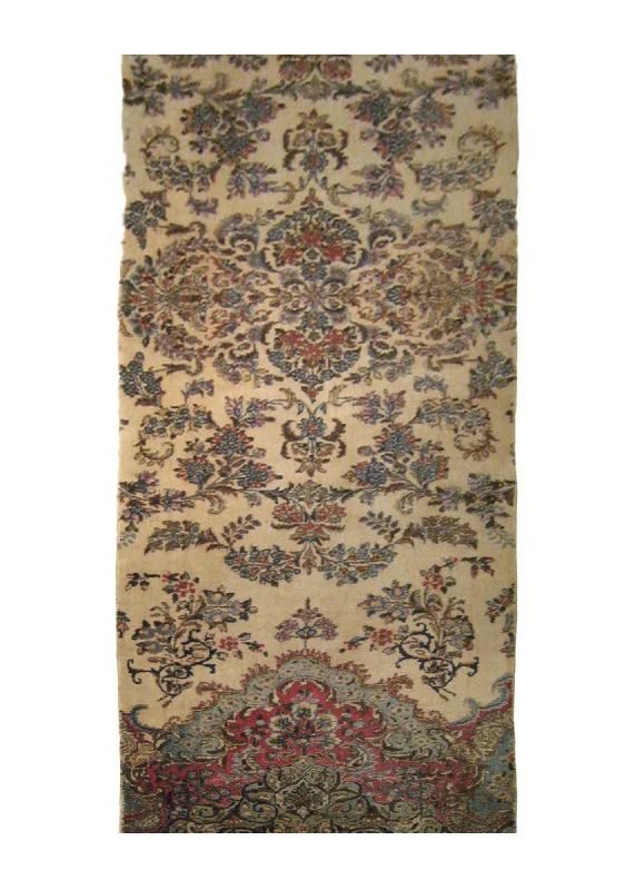 Persian Rug Lavar Kerman Handmade Runner Traditional Antique 3'2"x12'0" (3x12) Whites/Beige Blue Pink Floral Design #A14739