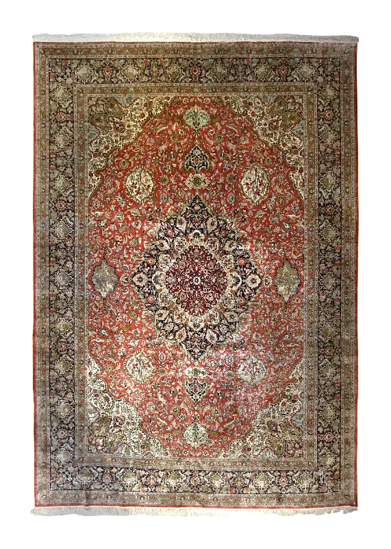 Persian Rug Qum Handmade Area Traditional 11'3"x16'1" (11x16) Red Green Floral Animals Design #A34999