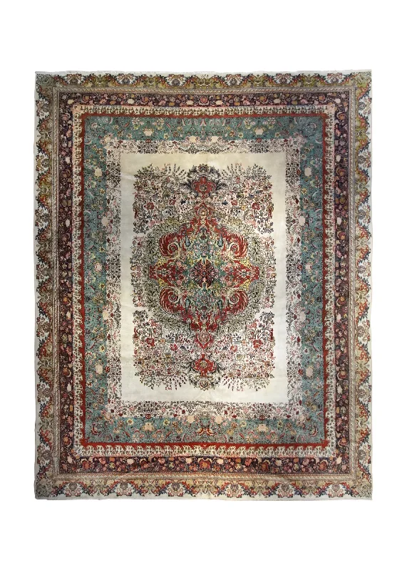 Persian Rug Tabriz Handmade Area Traditional 12'8"x15'10" (13x16) Green Red Floral Open Field Design #A35005