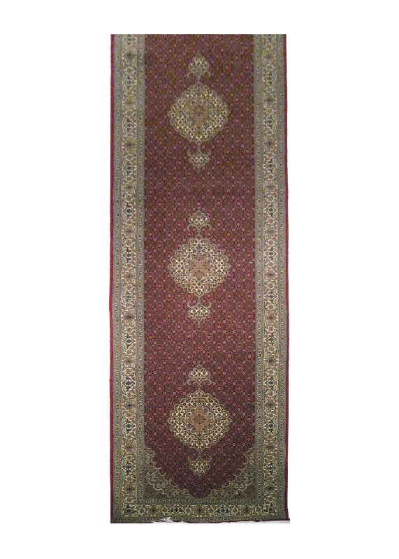 Persian Rug Tabriz Handmade Runner Traditional 2'9"x13'0" (3x13) Red Whites/Beige Mahi Fish Floral Design #A14402