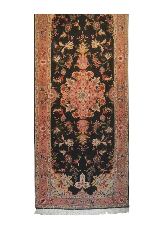 Persian Rug Tabriz Handmade Runner Traditional 2'8"x6'7" (3x7) Black Pink Floral Naghsh Design #A12897