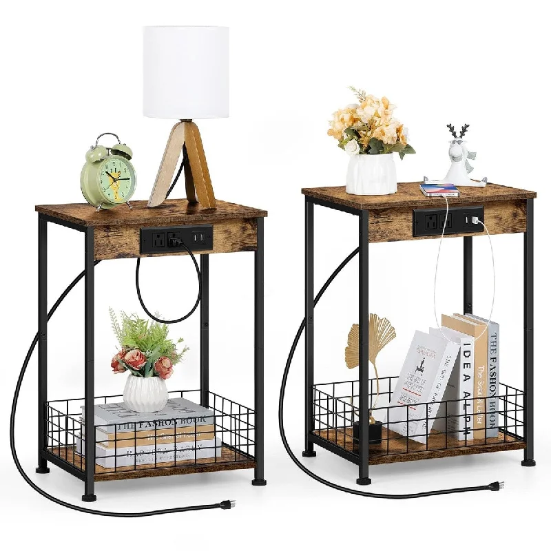 Bedroom Nightstands Set of 2 End Table Living Room with Charging Station Industrial Sofa Side Tables with USB Ports