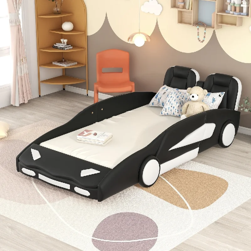 Black Twin Size Race Car Upholstered Platform Bed with Guardrails and Headboard