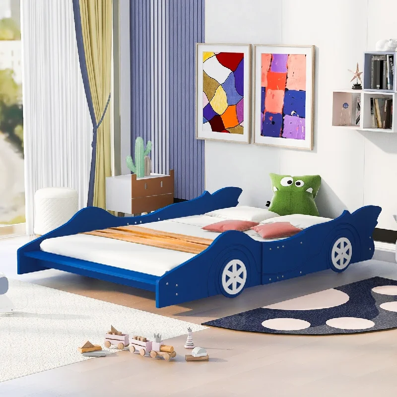 Blue Race Car Full Size Platform Bed, Rails, Sturdy Slats, Pine Wood, MDF Construction