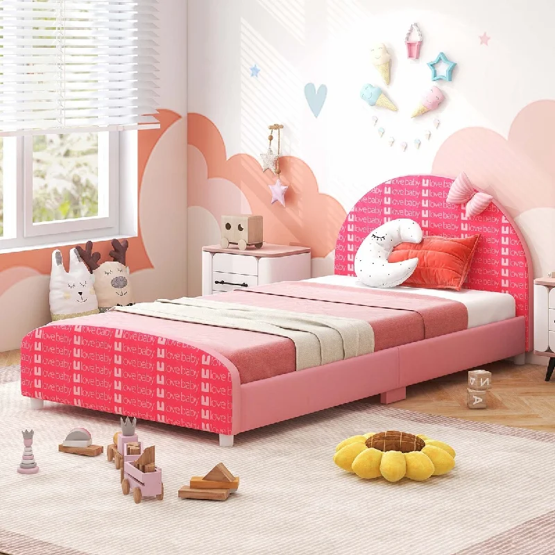 Children Twin Size Upholstered Platform Single Bed with Headboard