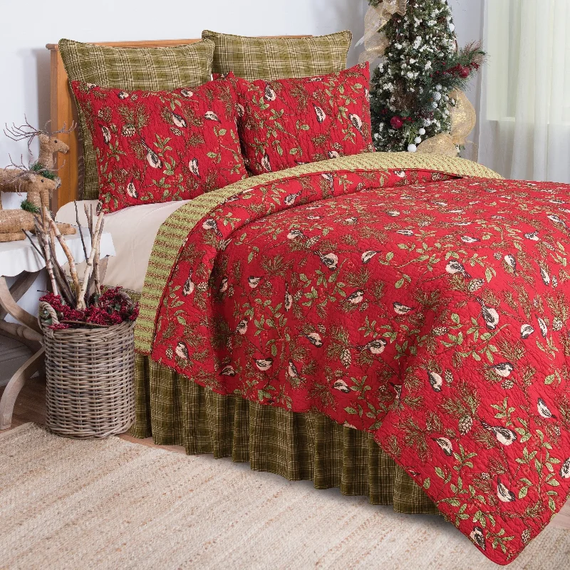 Christmas Chickadee Red Quilt Set