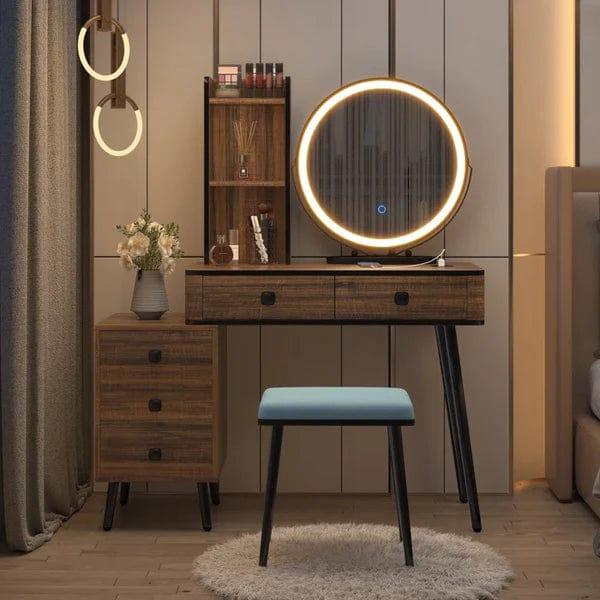 Jade Vanity dressing table design with light mirror with stool | Cosmetic Dressing Table with Makeup Stool Vanity Bedroom Dressers 5 Drawers Bedside Table for Ample Storage