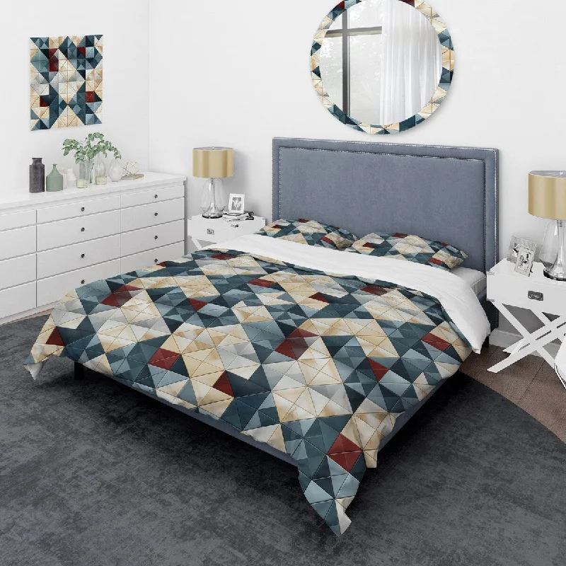 Designart "Blue And Grey Cubic Angularity" Blue Modern Bedding Cover Set With 2 Shams