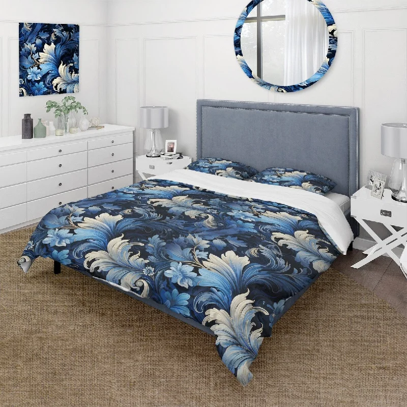 Designart "Blue Ornamental Swirls Victorian Pattern II" Cottage Bedding Cover Set With 2 Shams