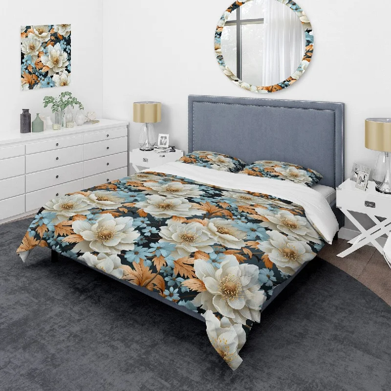 Designart "Industrial Ivory Fusion Floral Pattern I" Blue Cottage Bedding Cover Set With 2 Shams