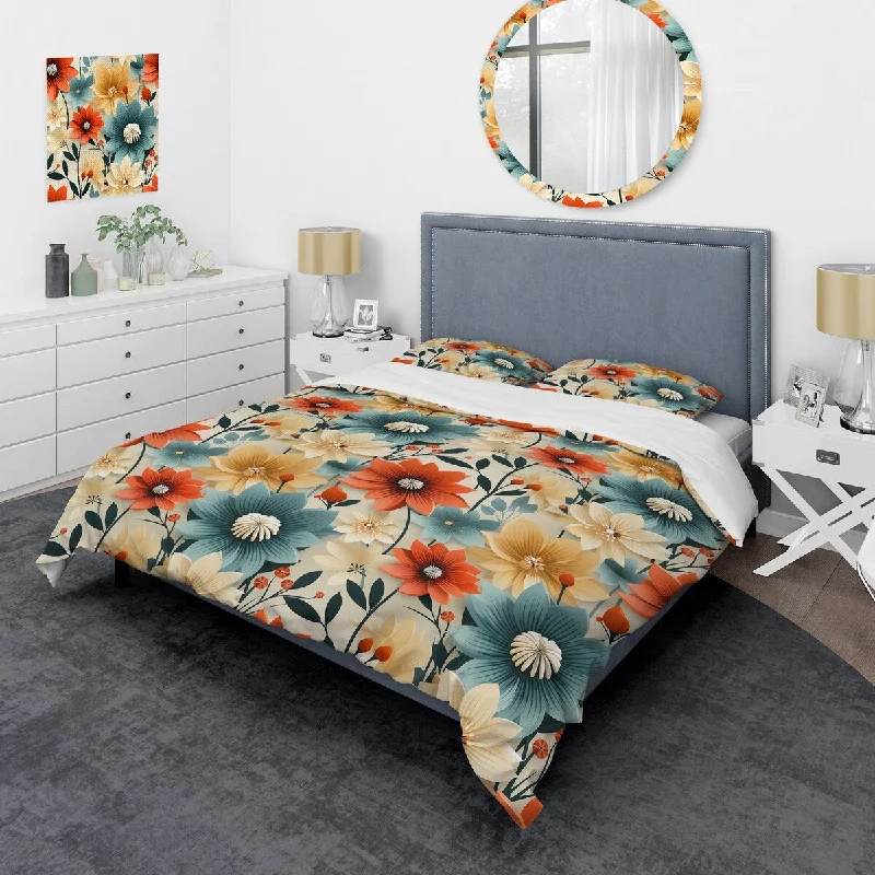 Designart "Mod Floral Nostalgia VI" Blue Modern Bedding Cover Set With 2 Shams