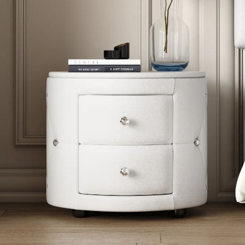 Elegant PU Nightstand with 2 Drawers and Crystal Handle,Fully Assembled Except Legs&Handles,Storage Bedside Table